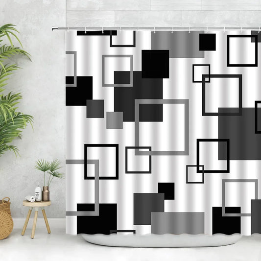 Rideau de douche noir et blanc au design géométrique avec crochets – tissu moderne pour décoration de salle de bain - Décoration intérieure