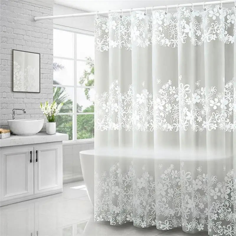 Rideau de douche translucide en PEVA – motif vigne à fleurs blanches, imperméable et anti-moisissure avec crochets - Décoration intérieure