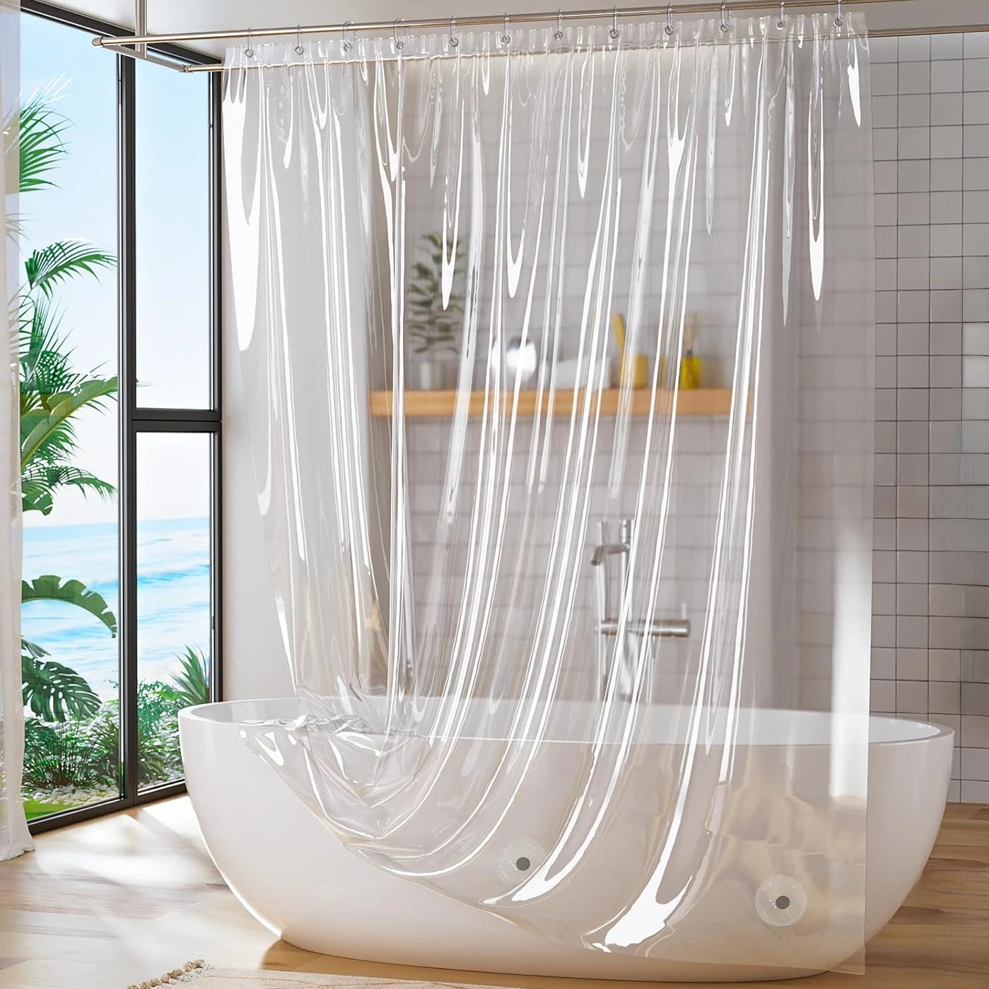 Rideau de douche transparent en PEVA avec crochets – imperméable et anti-moisissure pour salle de bain moderne. Décoration intérieure