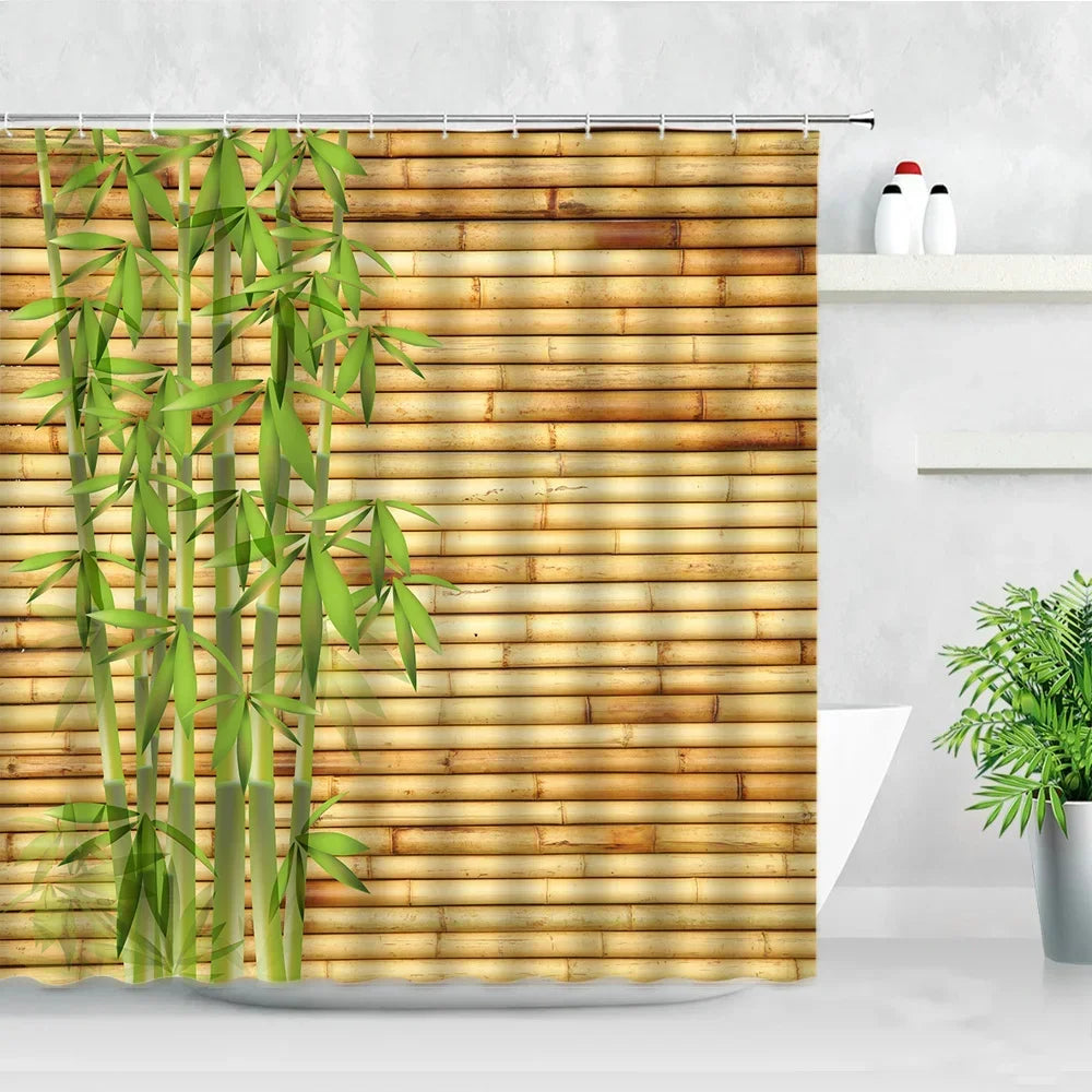 Rideau de douche zen avec motif bambou, Bouddha, lotus et bougie – ambiance spa asiatique en tissu pour salle de bain - Décoration intérieure.
