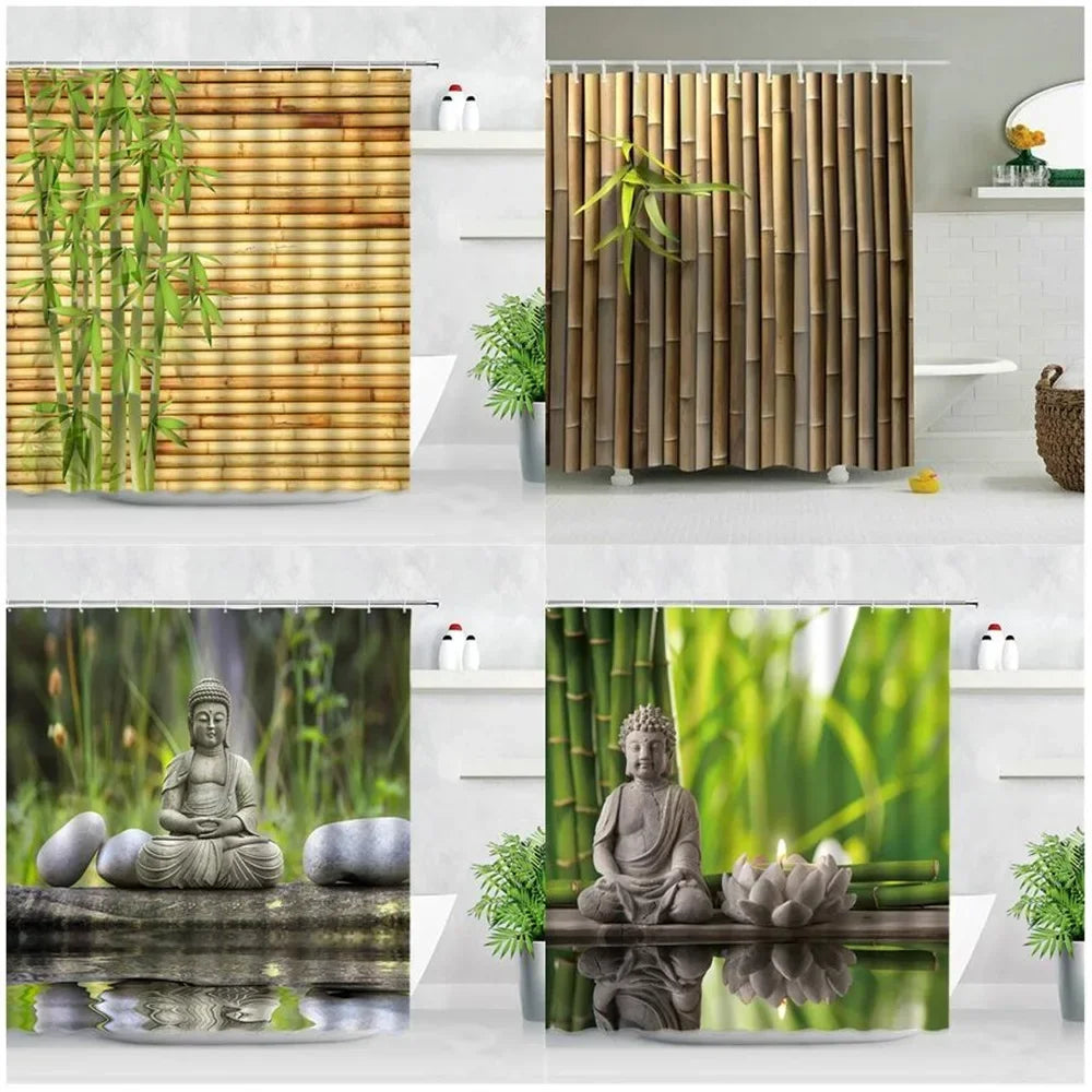 Rideau de douche zen avec motif bambou, Bouddha, lotus et bougie – ambiance spa asiatique en tissu pour salle de bain - Décoration intérieure