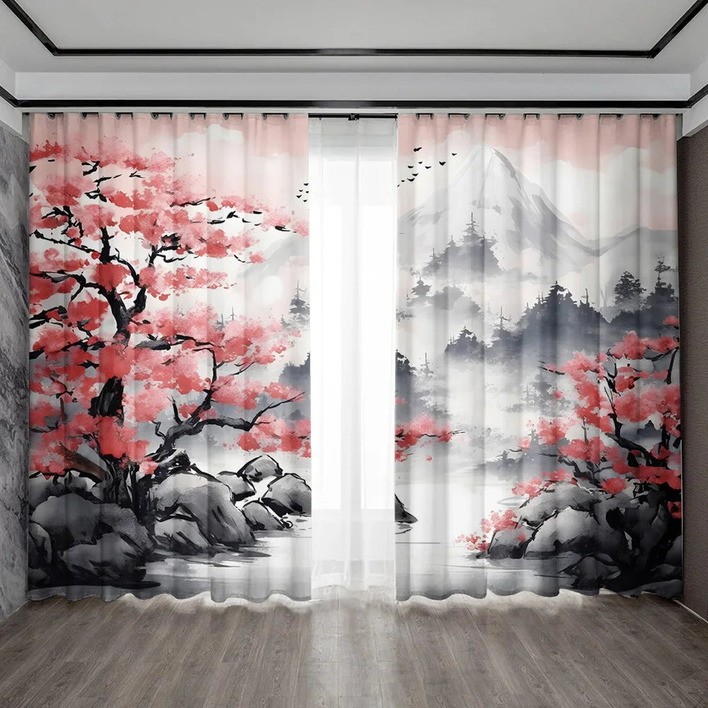 Rideaux décoratifs à motif fleur de prunier sous la neige – ensemble 2 pièces, montage à sac pour cuisine, salon, café ou balcon - Décoration intérieure