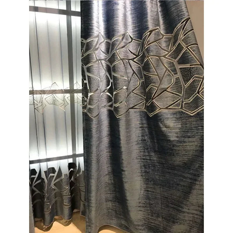 Rideaux marron en tulle semi-occultant avec motif géométrique craquelé – luxe européen pour décoration intérieure - Décoration intérieure