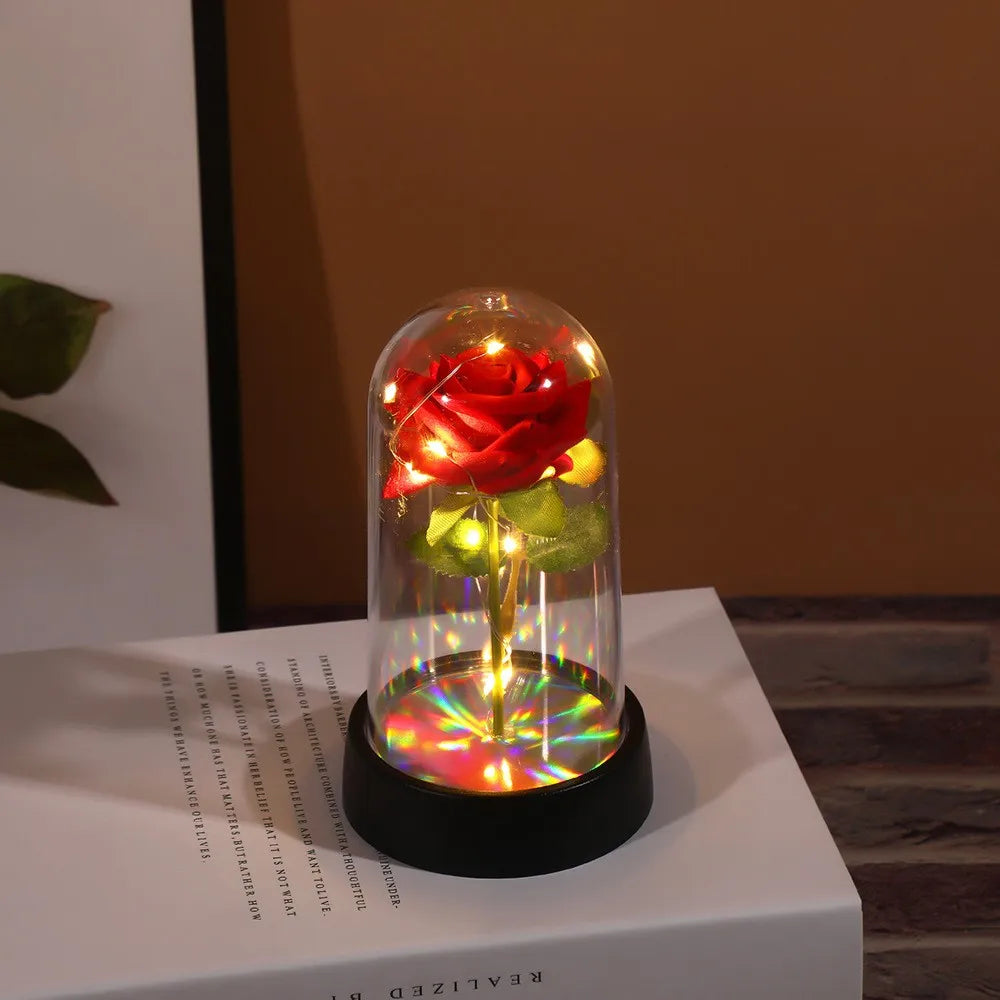 Rose artificielle rouge LED sous cloche en verre – Idée cadeau lumineuse pour Saint-Valentin ou décoration romantique