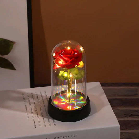 Rose artificielle rouge LED sous cloche en verre – Idée cadeau lumineuse pour Saint-Valentin ou décoration romantique