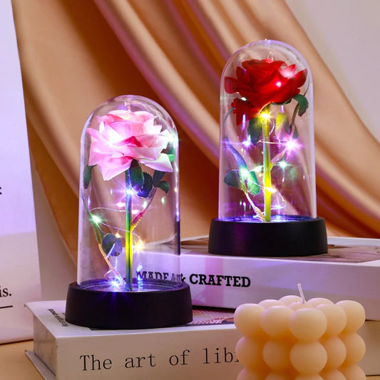 Rose éternelle LED sous verre en aluminium – Cadeau lumineux et élégant pour la fête des mères