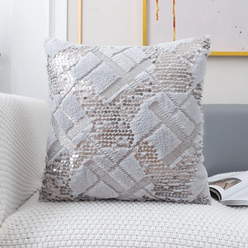 Housse de Coussin en Fourrure à paillettes
