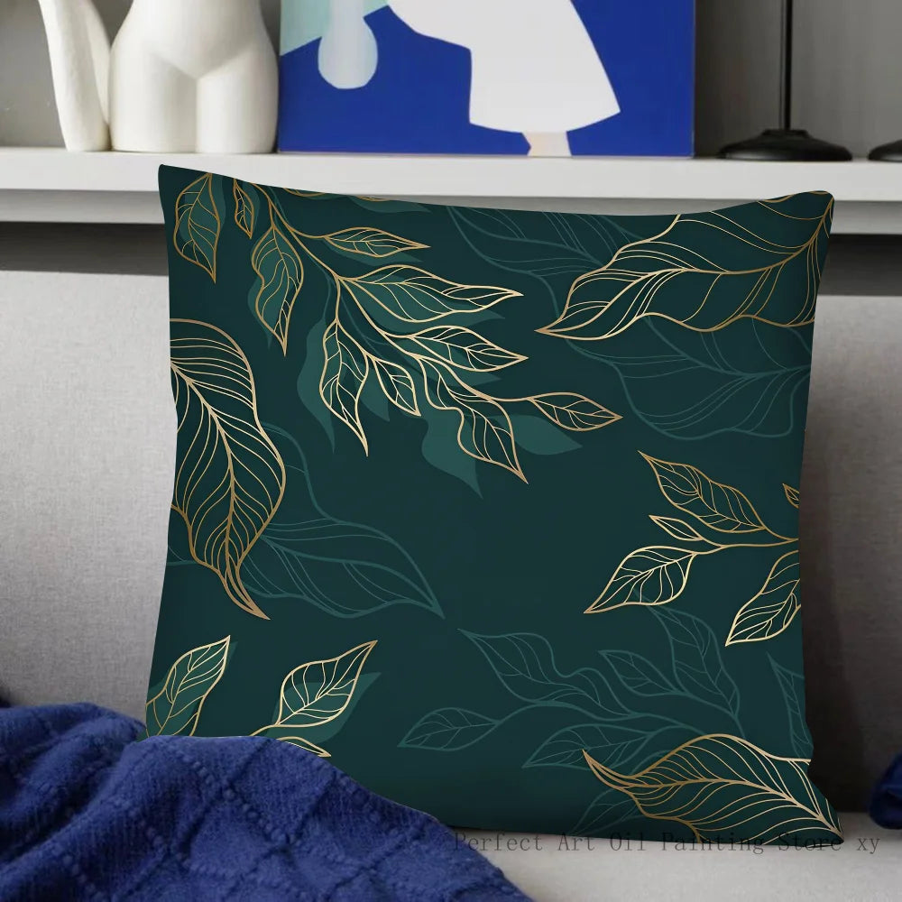 Housse de Coussin Carrée à Motif Feuilles Vertes
