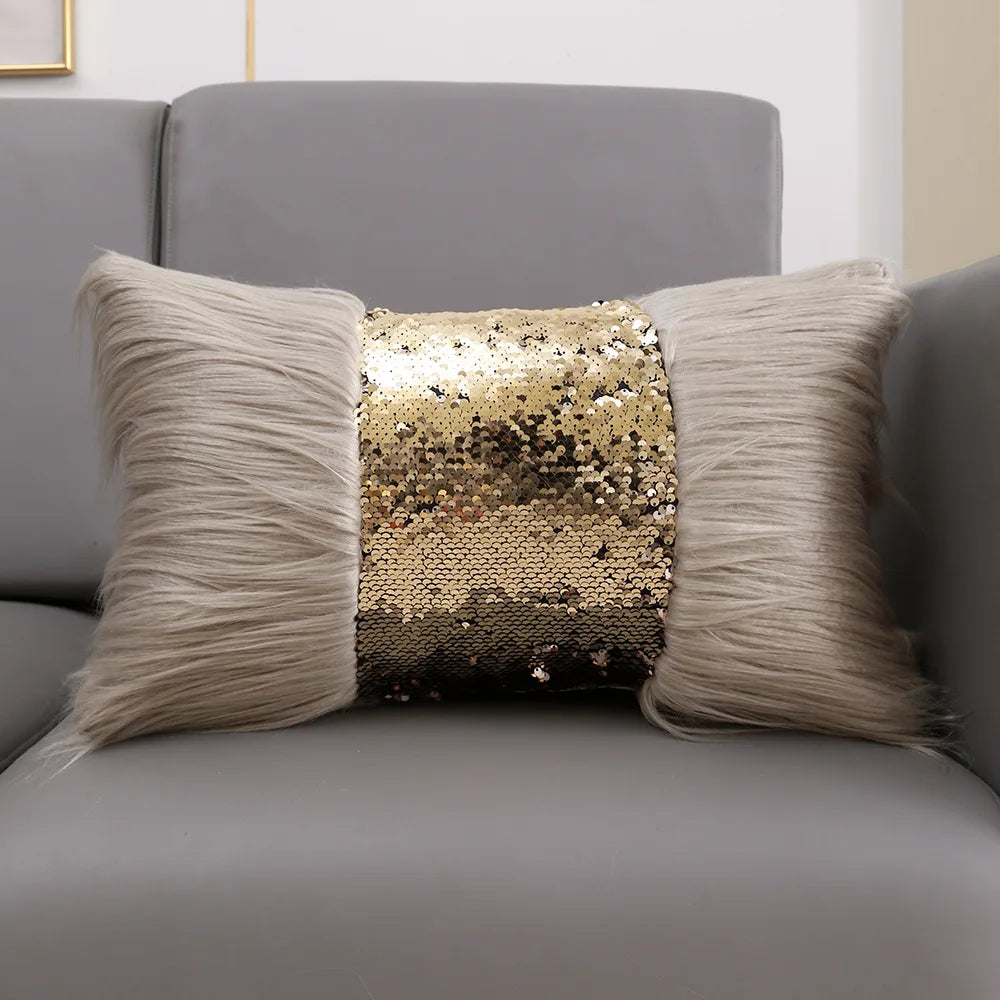 Housse de Coussin en Fourrure à paillettes