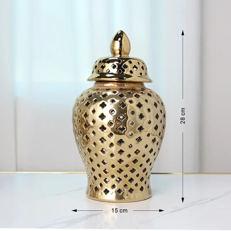 Vase en Céramique Doré Ajouré avec couvercle