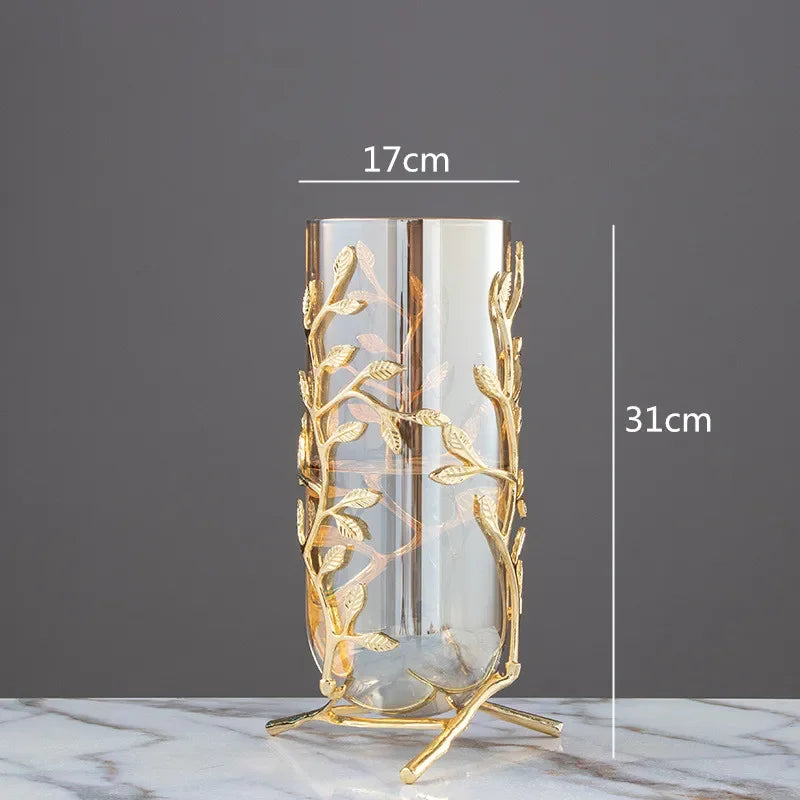 Vase en Verre Transparent et Métal Doré