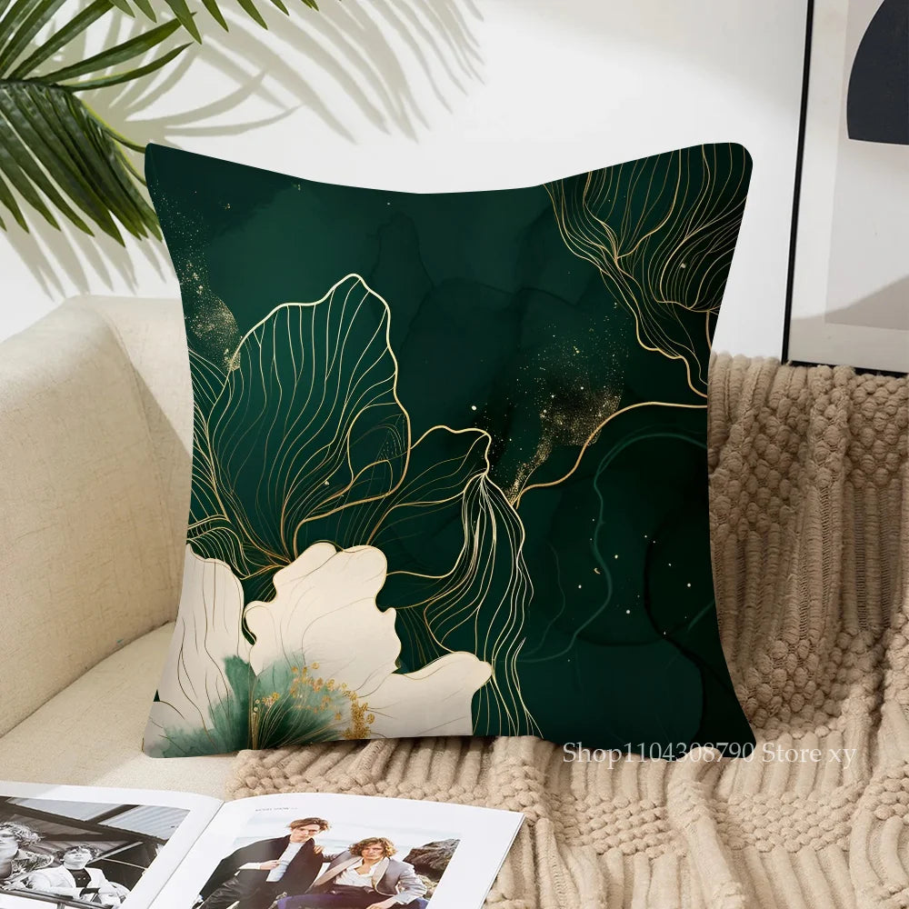 Housse de Coussin Carrée à Motif Feuilles Vertes