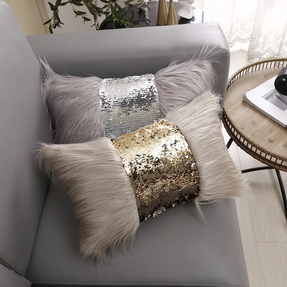 Housse de Coussin en Fourrure à paillettes
