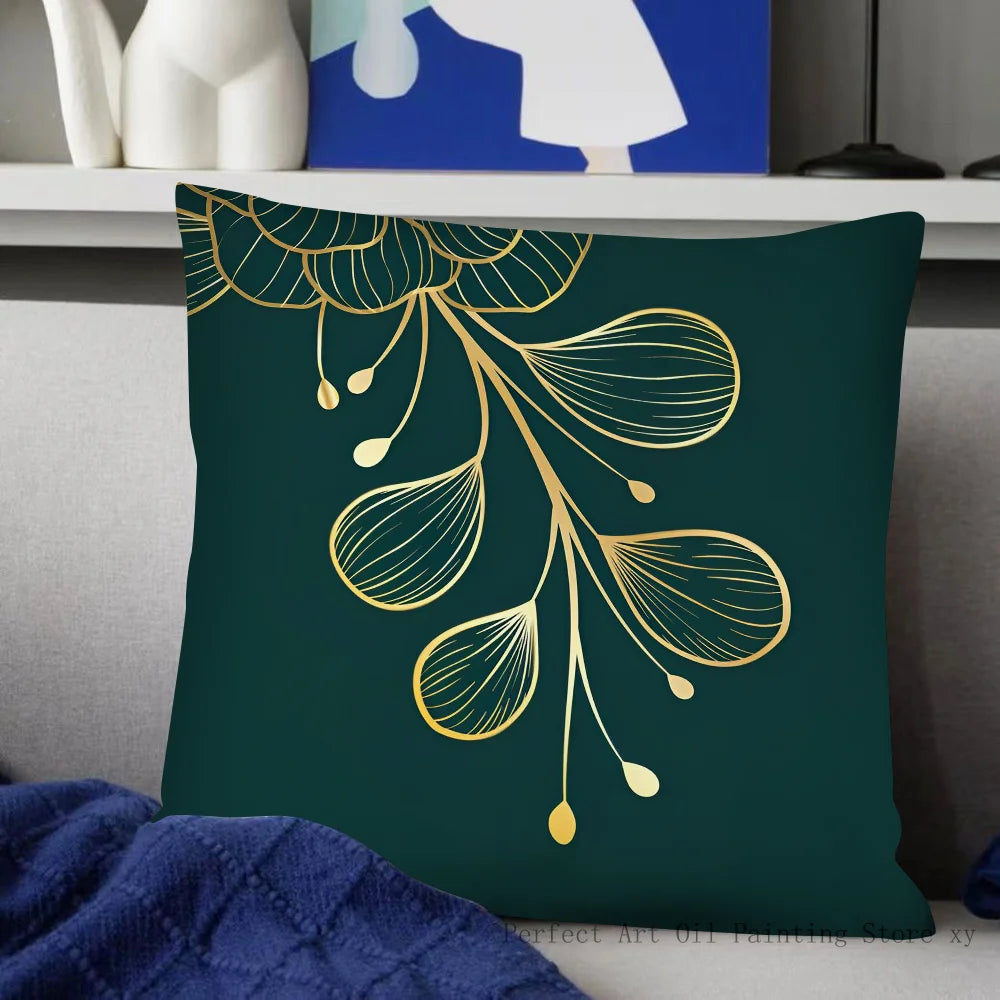 Housse de Coussin Carrée à Motif Feuilles Vertes