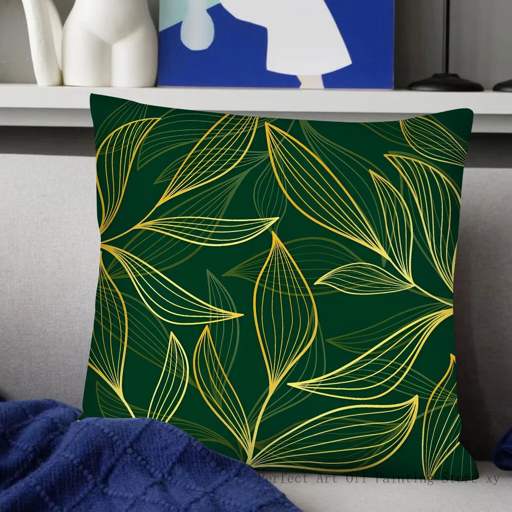 Housse de Coussin Carrée à Motif Feuilles Vertes