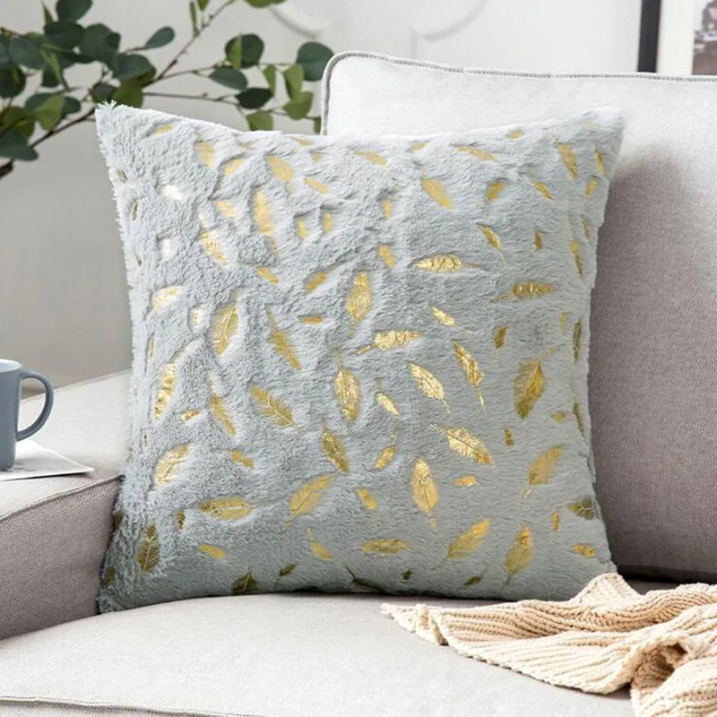 Housse de Coussin  en Peluche à Plumes Dorées