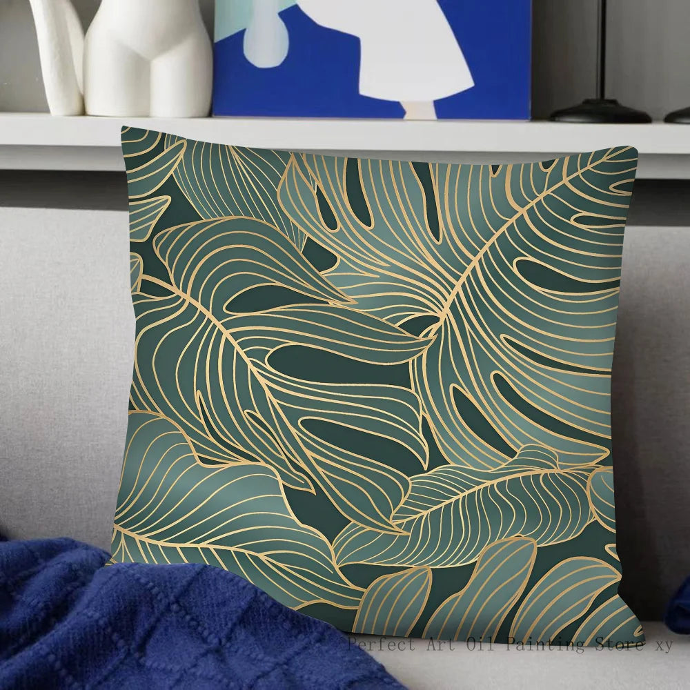 Housse de Coussin Carrée à Motif Feuilles Vertes