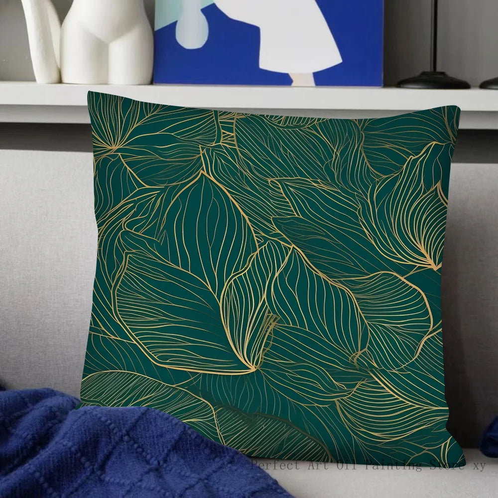 Housse de Coussin Carrée à Motif Feuilles Vertes