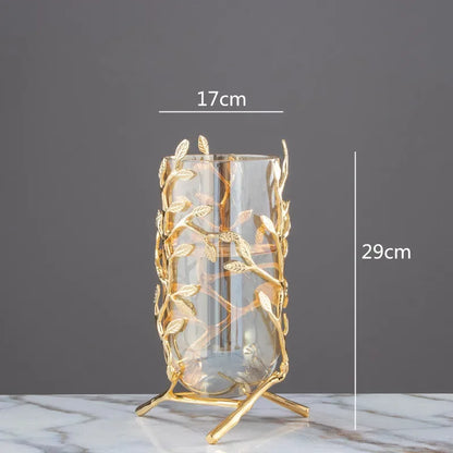 Vase en Verre Transparent et Métal Doré