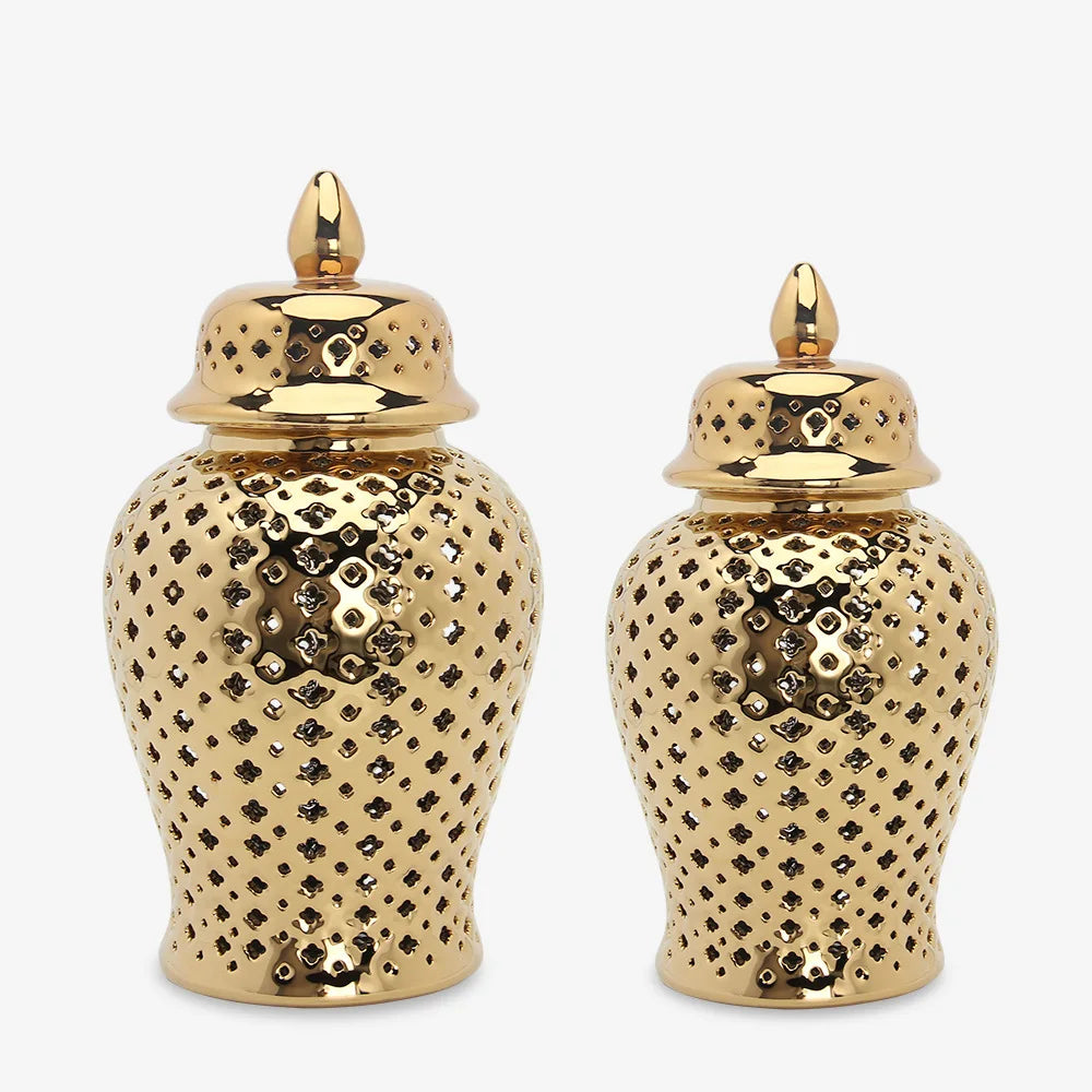 Vase en Céramique Doré Ajouré avec couvercle