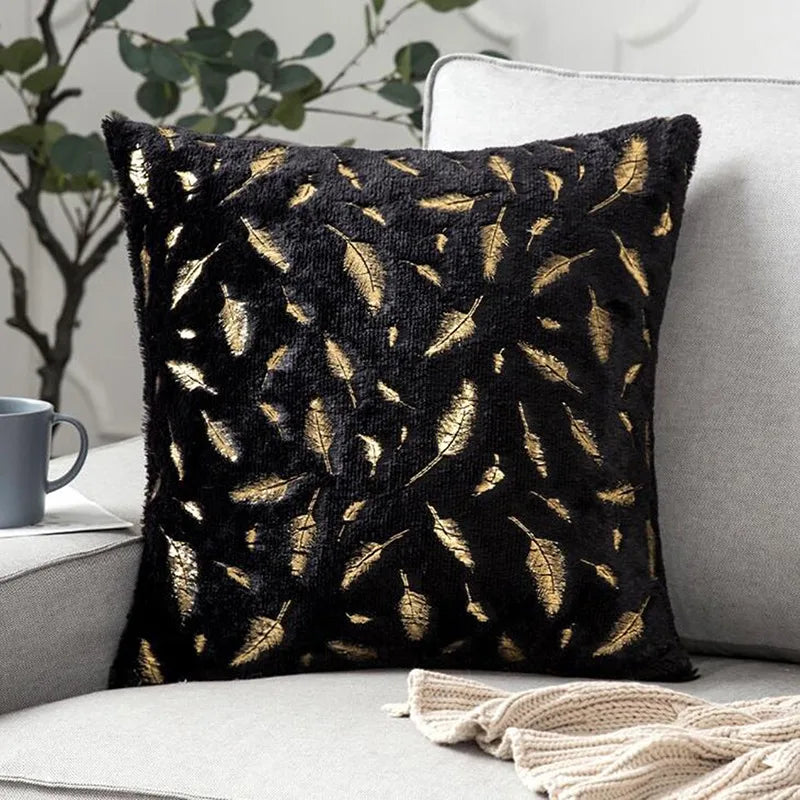 Housse de Coussin  en Peluche à Plumes Dorées