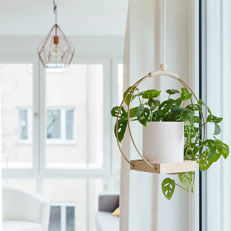 Macramé suspendue en bois naturel - Jardinière