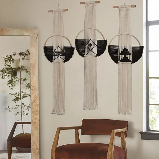 Macramé Murale Ronde Noir et Blanc