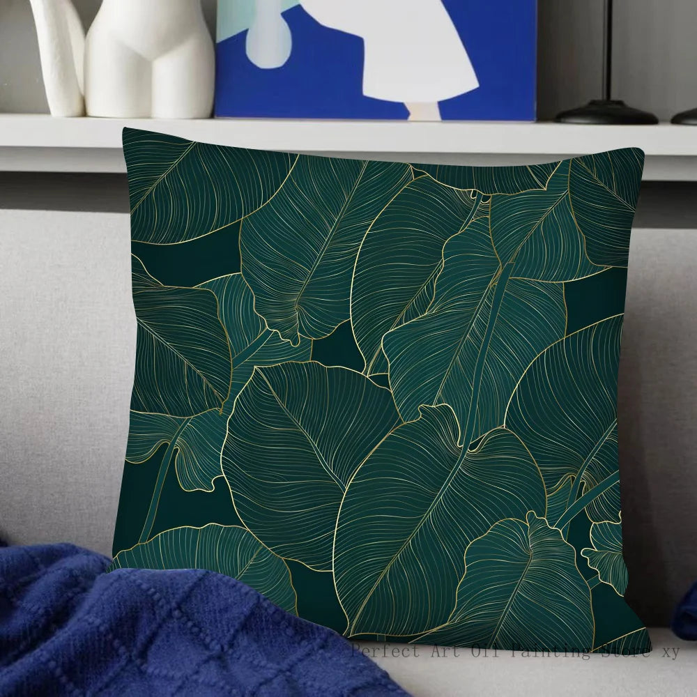 Housse de Coussin Carrée à Motif Feuilles Vertes