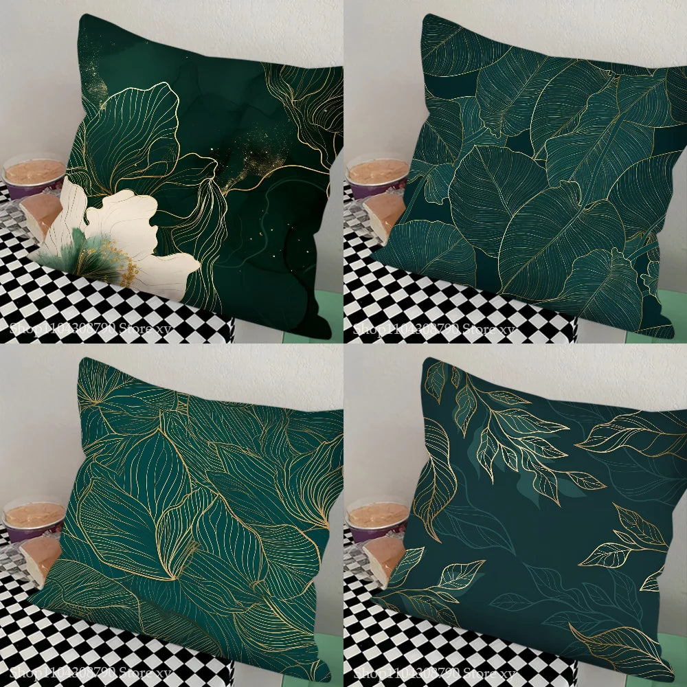 Housse de Coussin Carrée à Motif Feuilles Vertes