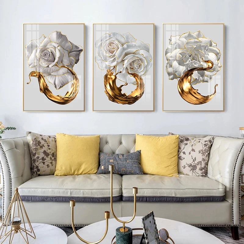 Toile abstraite fleur blanche bordée d’or – peinture moderne avec éclaboussures d’encre pour décoration murale chic - Décoration intérieure