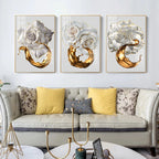 Toile abstraite fleur blanche bordée d’or – peinture moderne avec éclaboussures d’encre pour décoration murale chic - Décoration intérieure