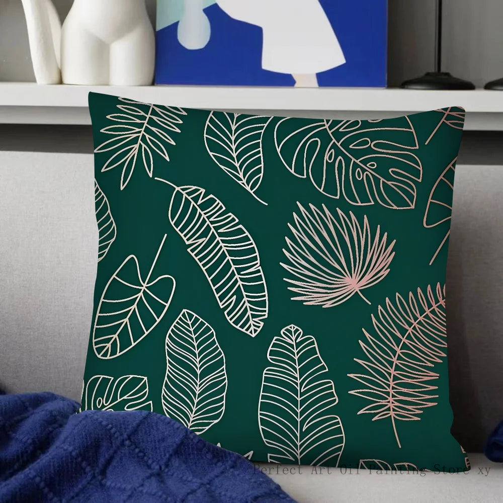 Housse de Coussin Carrée à Motif Feuilles Vertes