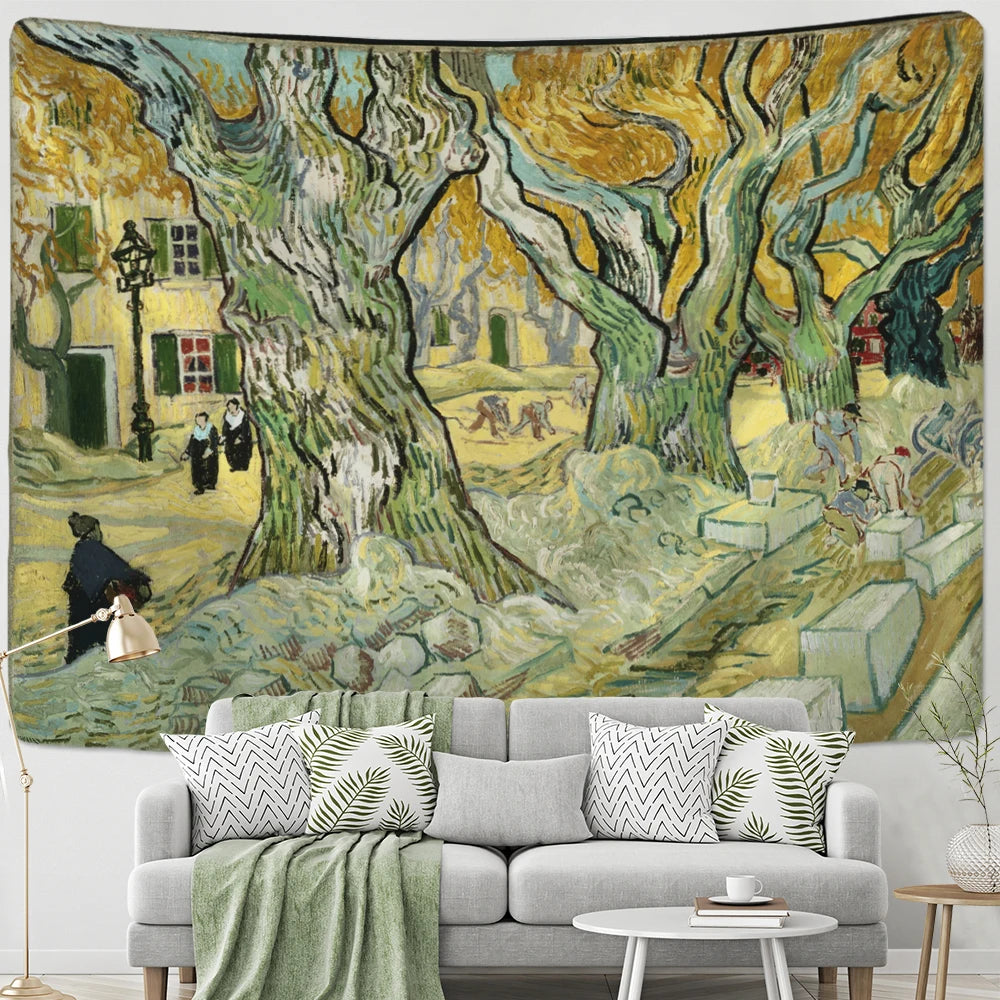 Tapisserie murale à l’huile avec olivier stylisé, décor bohème inspiré de Van Gogh - Décoration intérieure