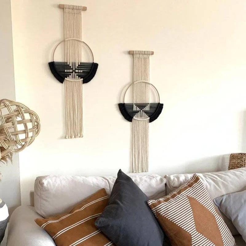 Macramé Murale Ronde Noir et Blanc