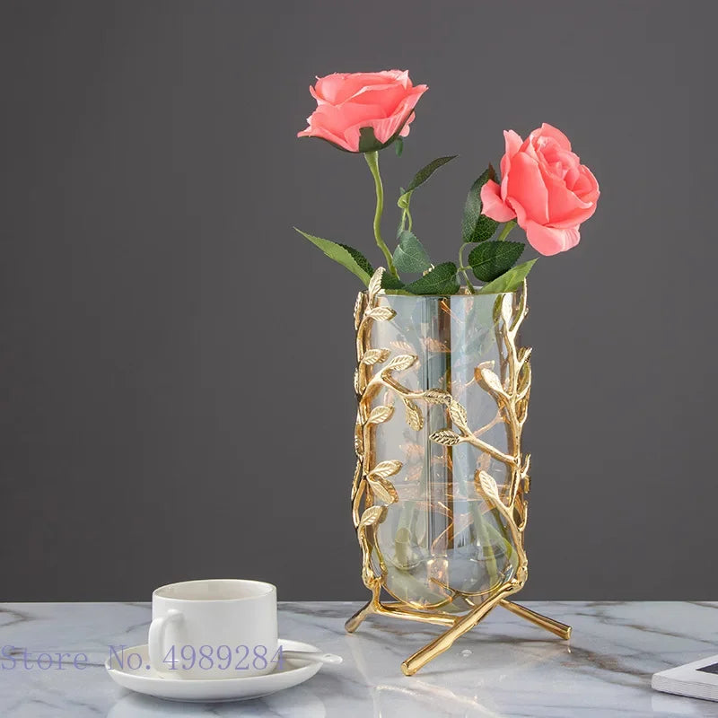 Vase en Verre Transparent et Métal Doré