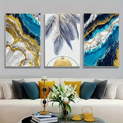 Tableau abstrait bleu et or – Plume dorée sur fond marin moderne - Décoration intérieure

