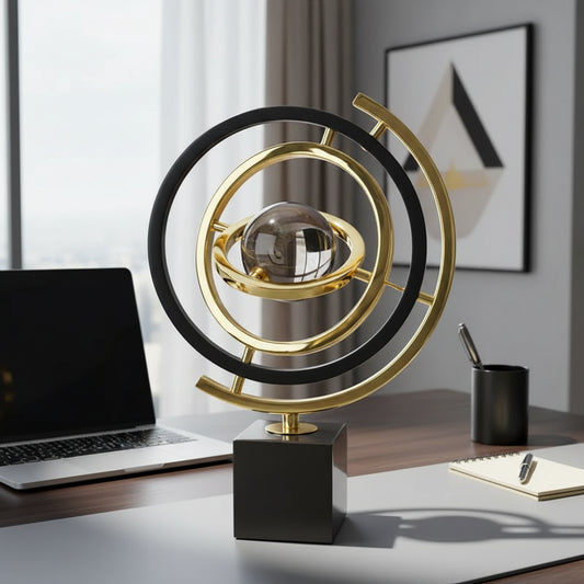 Sculpture sphérique en métal doré moderne avec base rectangulaire, décoration artistique de luxe pour salon ou bureau. Décoration intérieure