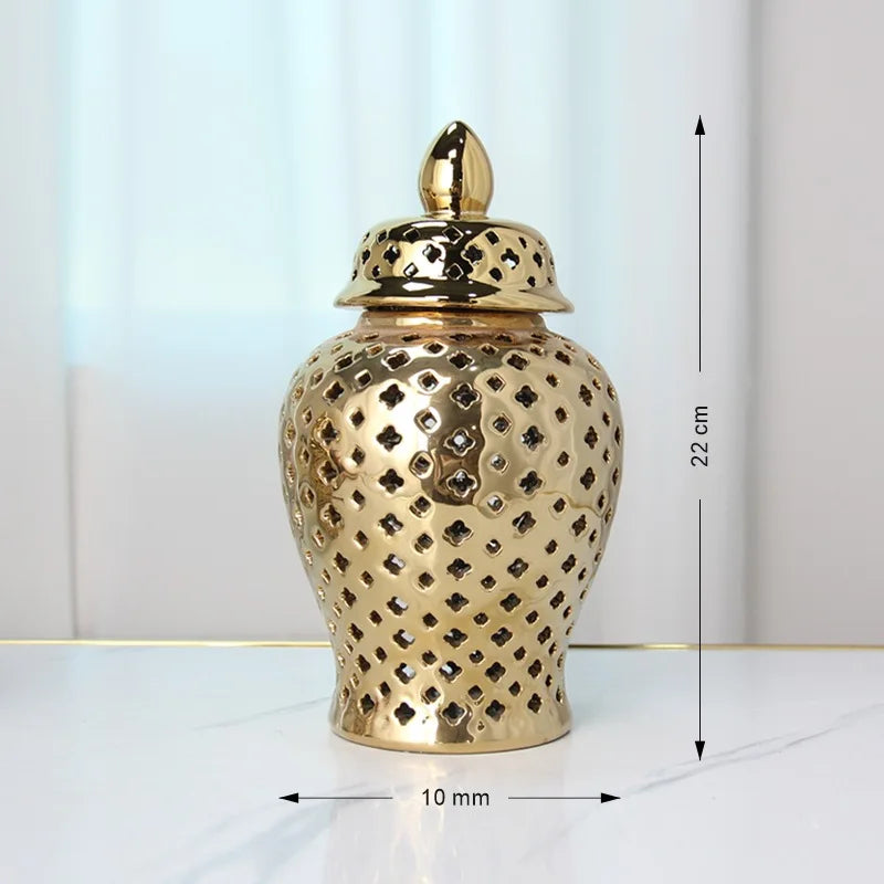 Vase en Céramique Doré Ajouré avec couvercle