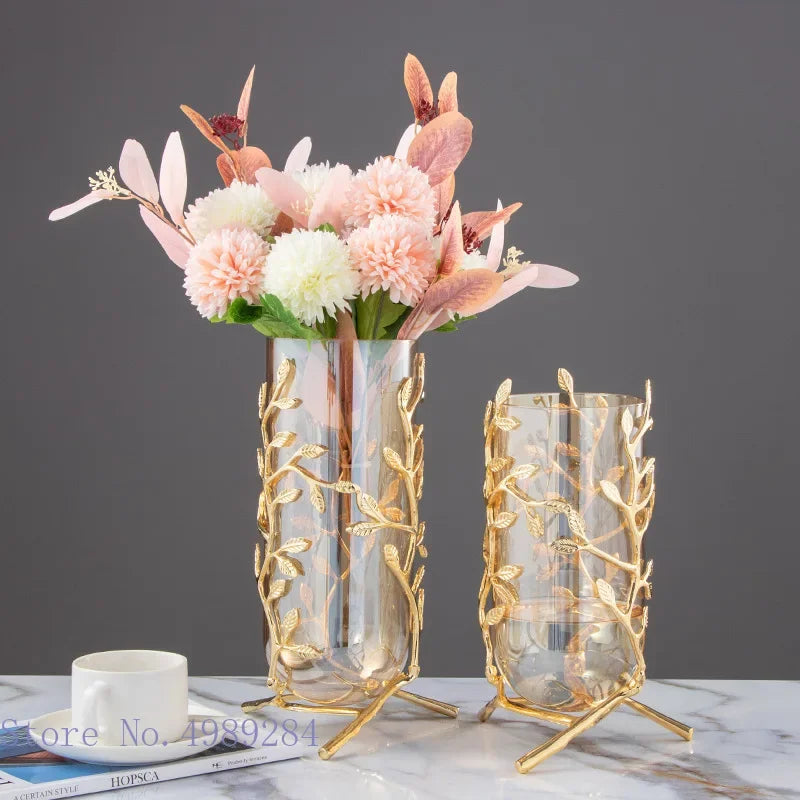 Vase en Verre Transparent et Métal Doré