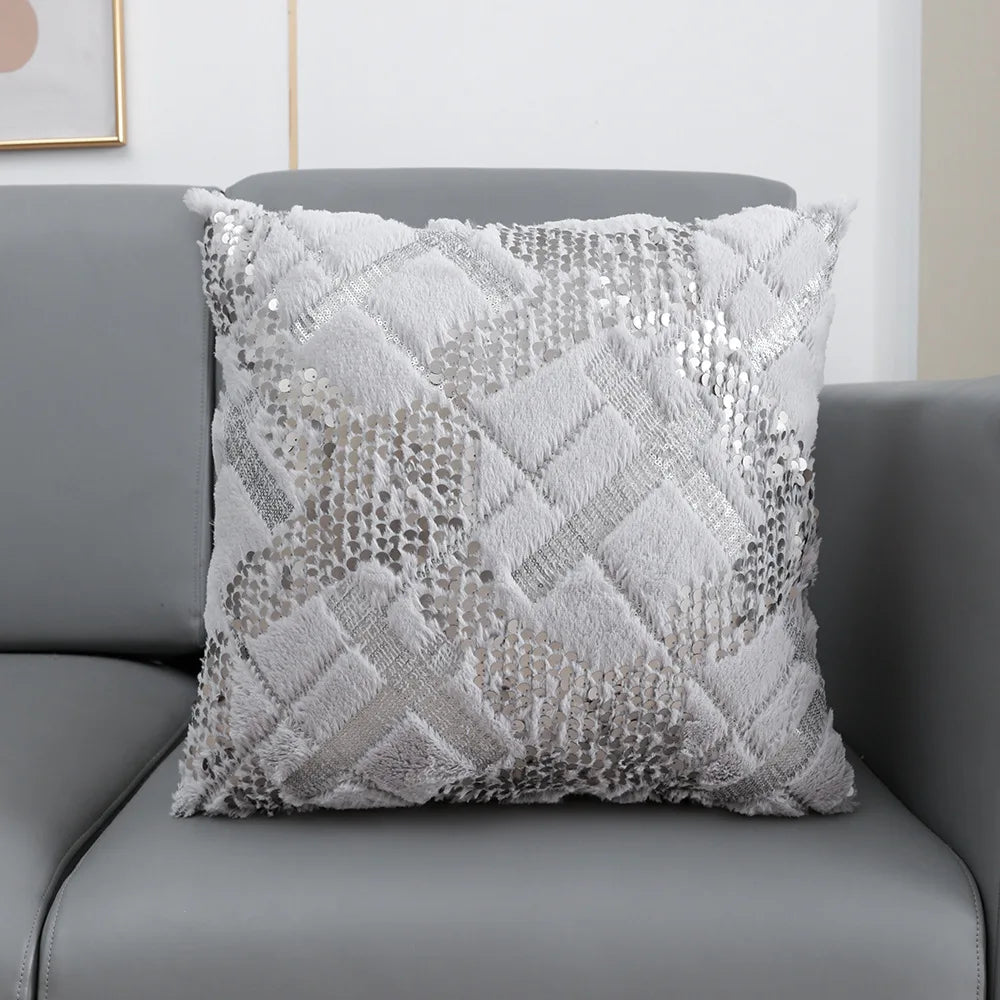 Housse de Coussin en Fourrure à paillettes