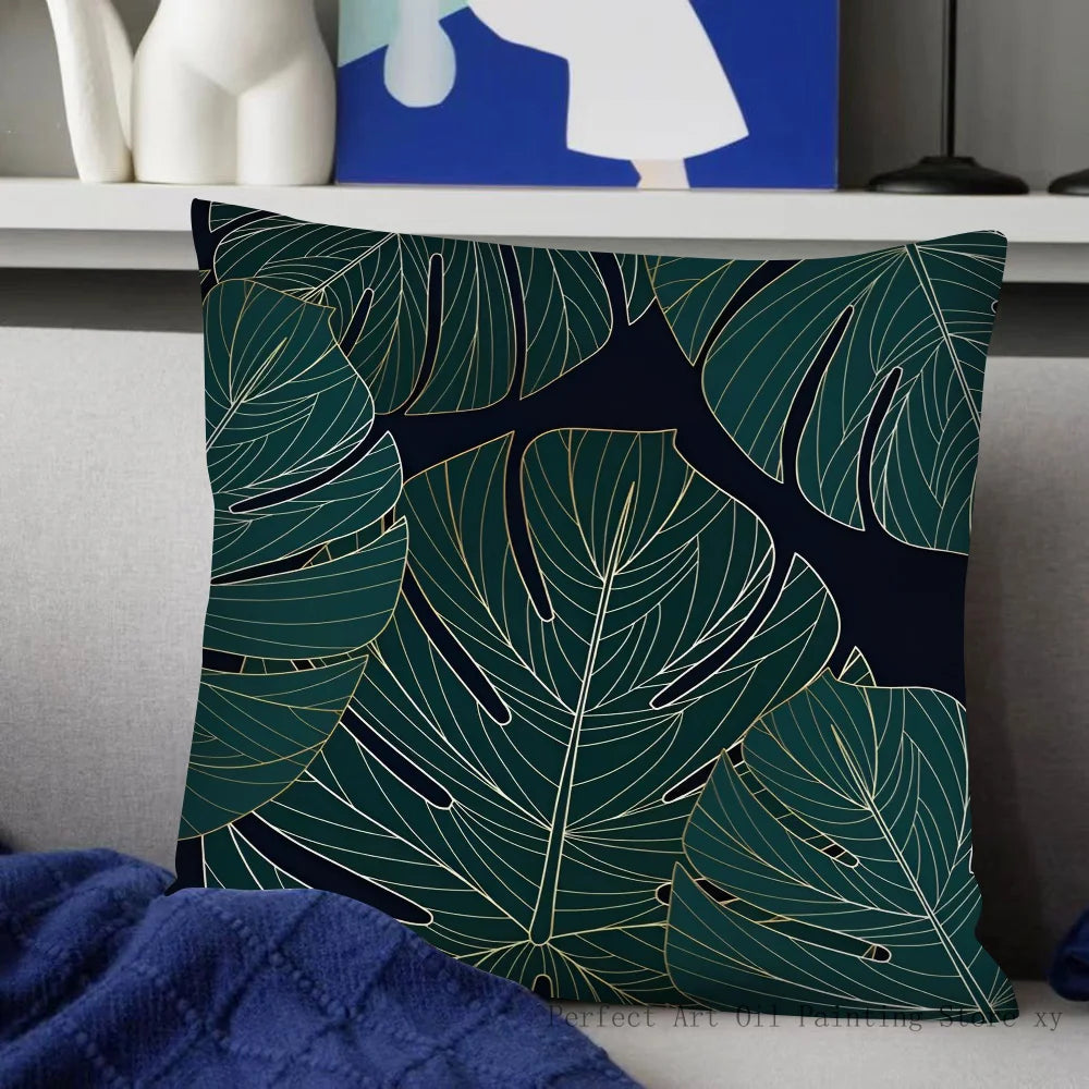 Housse de Coussin Carrée à Motif Feuilles Vertes
