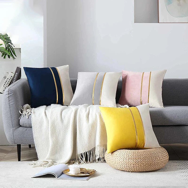 Lot de 2 housses de coussin 45×45 cm en velours bleu et turquoise, barre dorée, décoration élégante pour canapé ou lit - Décoration intérieure