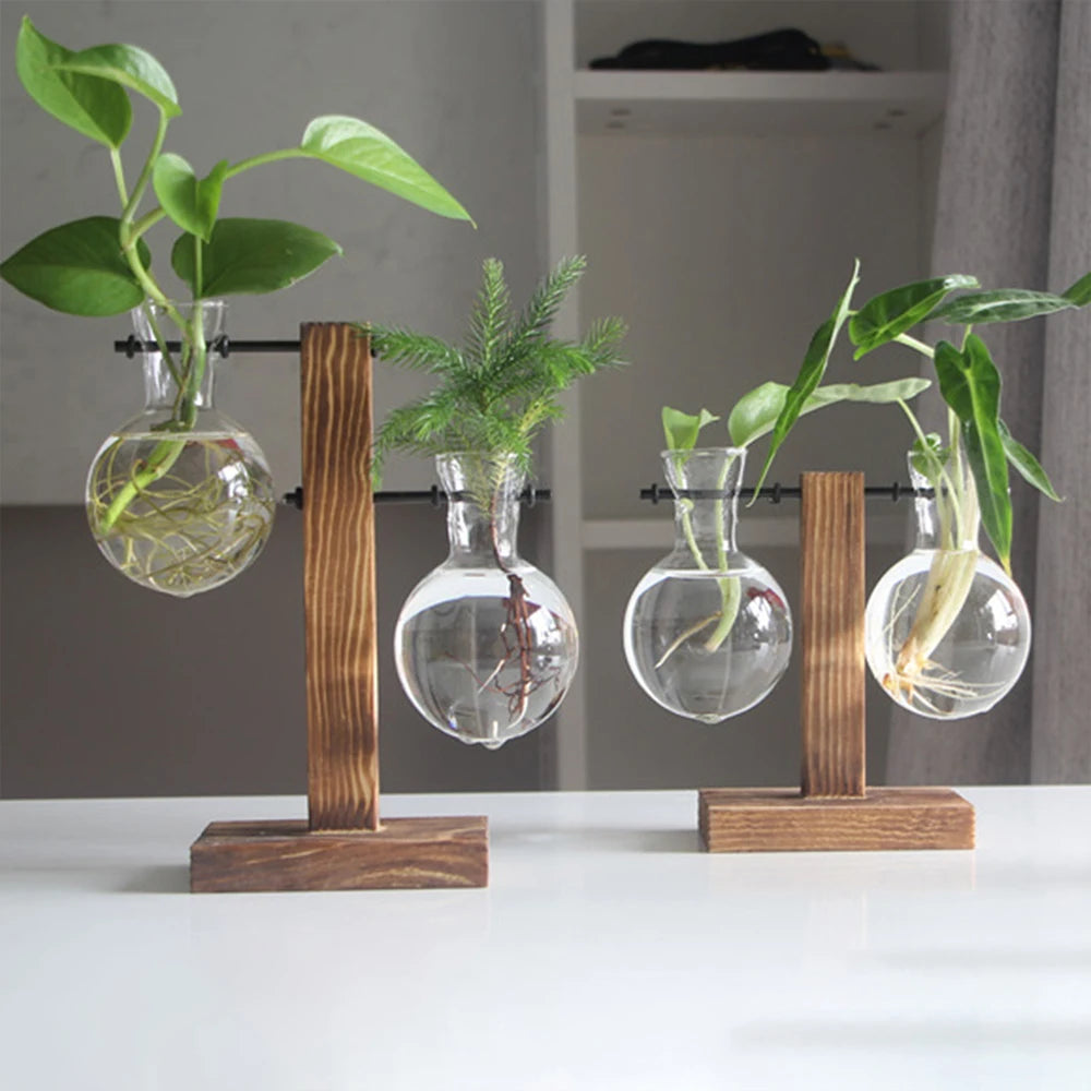 Vase en Verre sur Support Bois
