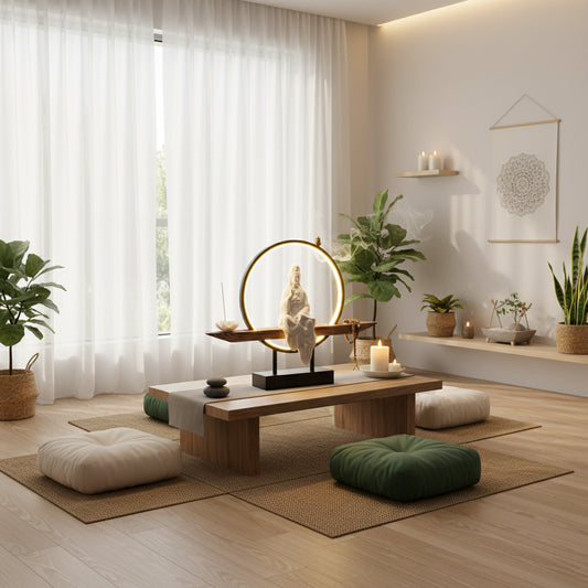 Statue Bouddha  en céramique avec encens à reflux et cercle lumineux spirituel.