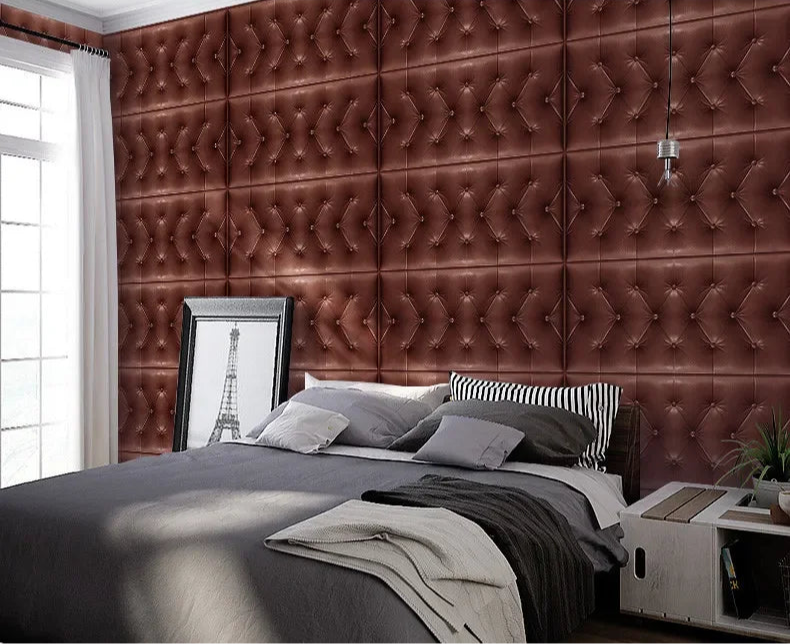Sticker mural 3D épais en mousse souple posé derrière un lit dans une chambre d’enfant, décoration anti-choc douce et cosy - Décoration intérieure