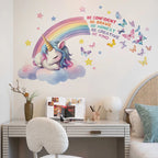 Sticker mural licorne pastel en vinyle posé dans une chambre de bébé, décoration murale tendre et magique - Décoration intérieure