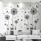 Sticker mural représentant un pissenlit noir en dispersion, posé sur un mur de chambre ou salon pour une décoration épurée et naturelle - Décoration intérieure