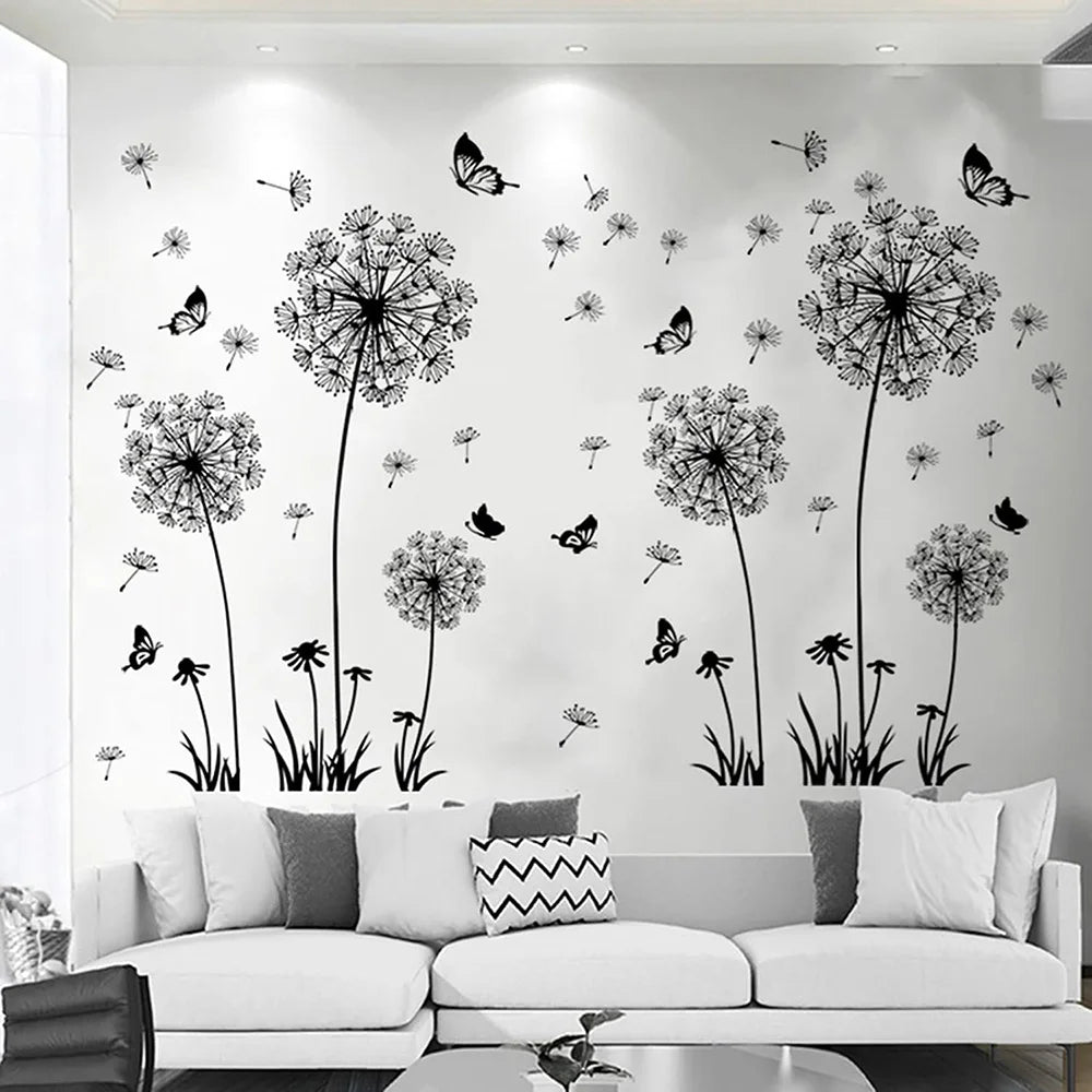 Sticker mural représentant un pissenlit noir en dispersion, posé sur un mur de chambre ou salon pour une décoration épurée et naturelle - Décoration intérieure