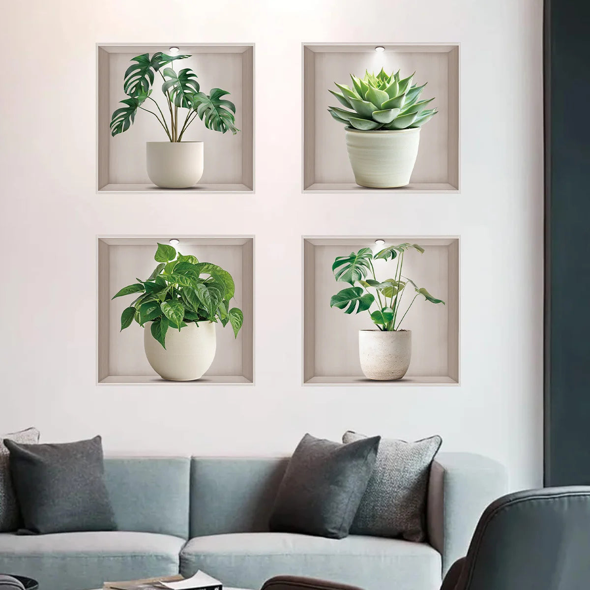 Sticker mural tortue aquarelle avec cactus et plantes vertes posé sur mur de chambre, ambiance végétale et artistique - Décoration intérieure