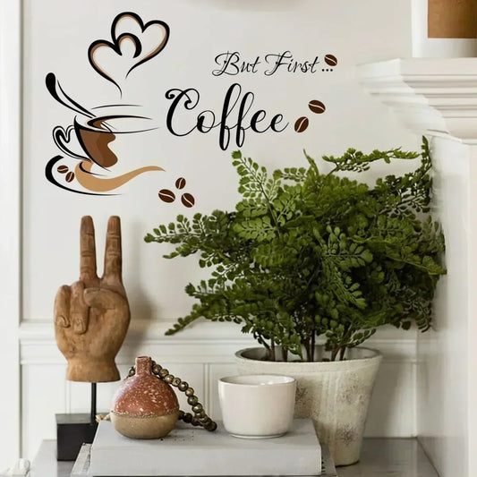 Sticker mural vinyle avec tasses à café sculptées posé en déco dans une cuisine chaleureuse ou salon cosy, ambiance conviviale et artisanale - Décoration intérieure
